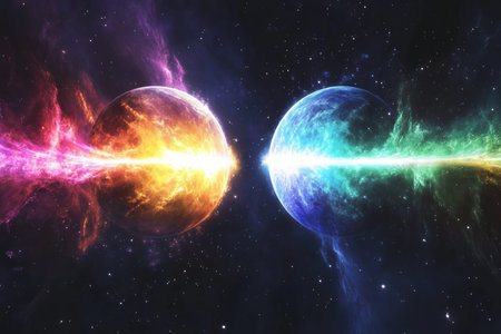 Colliding cosmic elements vibrant energy waves and light beams in a colorful space scene