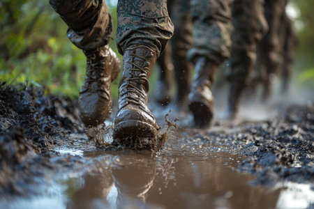 Soldiers in camouflage boots leap through muddy terrain during an intense outdoor training exercise