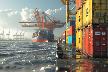 Vibrant shipping port scene with container ship, gantry cranes, and colorful cargo containersの写真素材