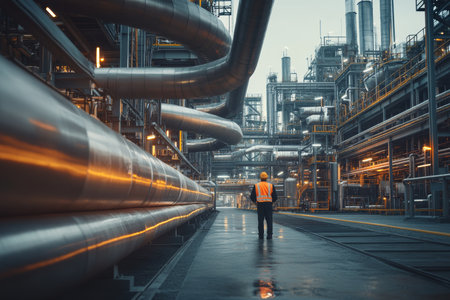 Oil and gas industry scene with workers inspecting a large pipe in an industrial plant settingの写真素材