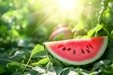 Vibrant watermelon slice resting on green leaf with sun rays, perfect for summer agriculture themesの写真素材
