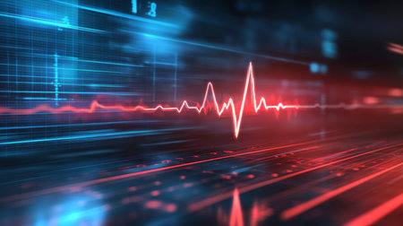 Close up of heart pulse lines on hospital monitor, focused on healthcare and medical research