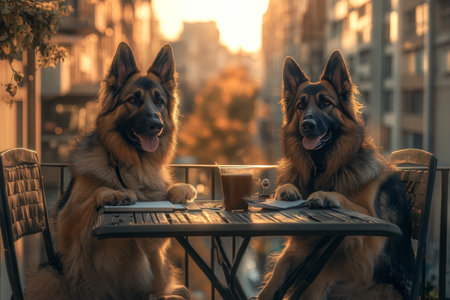 Two german shepherds enjoy coffee and notepads on Tokyo terrace during golden hour lighting