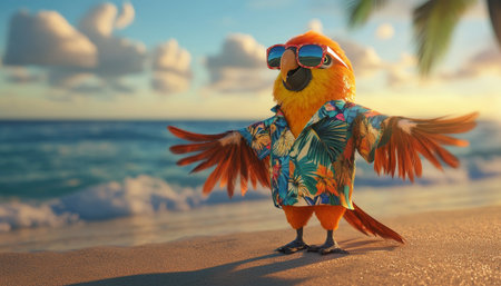 Cheerful parrot in Hawaiian shirt and sunglasses posing on beach, embracing tropical vacation vibesの写真素材