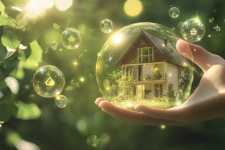 Compact energy efficient icon with sustainability bubbles on a green background for homesの写真素材