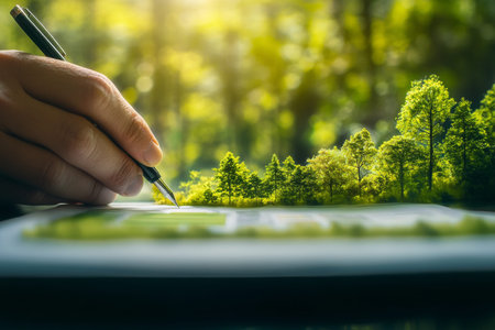 Businessman writing financial report in green forest, emphasizing eco friendly energy solutions.