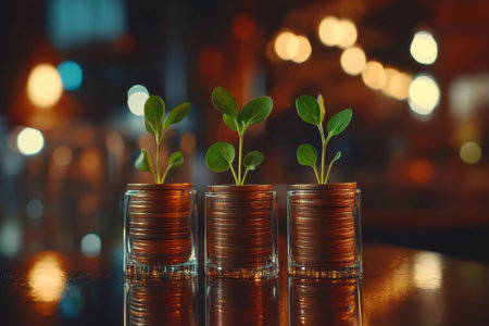Stylized coins with plant sprouts symbolizing financial growth and development in a bokeh settingの写真素材