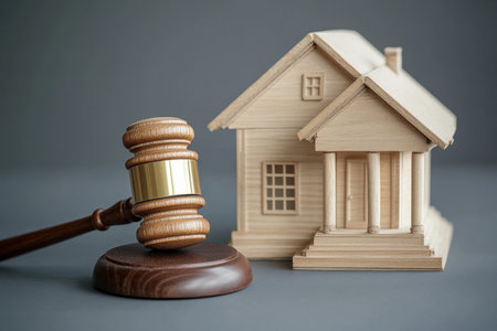 Wooden gavel and house model on gray background representing real estate concepts in photographyの写真素材