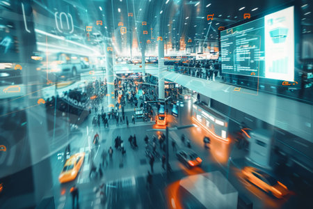 Futuristic airport scene crowds and flying cars amidst digital flight information billboardの写真素材
