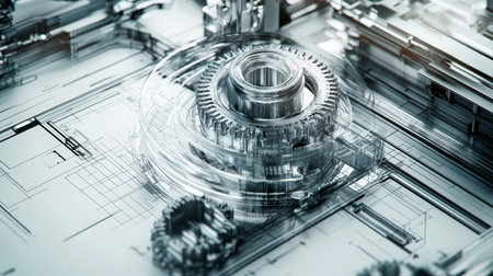 Intricate engineering drawing of a silver industrial machine part with metal components and gears