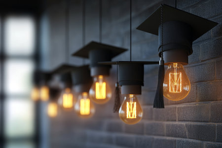 3d illustration of light bulbs with graduation caps on wall celebrating education and achievementの写真素材