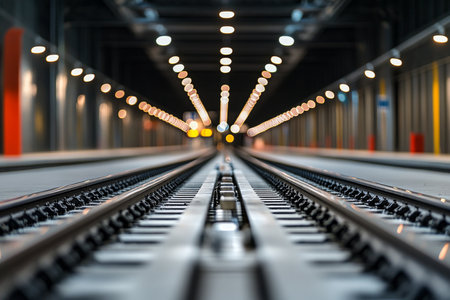 A serene night at an abandoned train station with soft lighting and focused tracksの写真素材