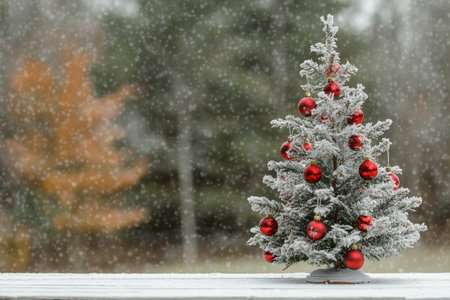 Festive christmas tree with red ornaments on white table amidst serene winter forest sceneの写真素材