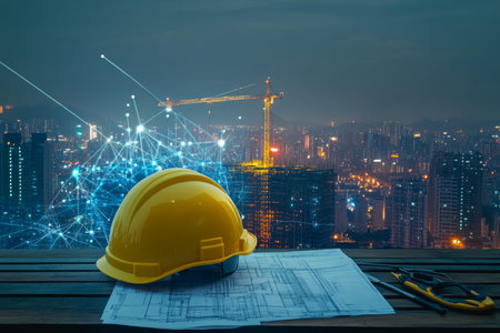 Construction helmet and blueprints on wooden table with city skyline and engineering tools
