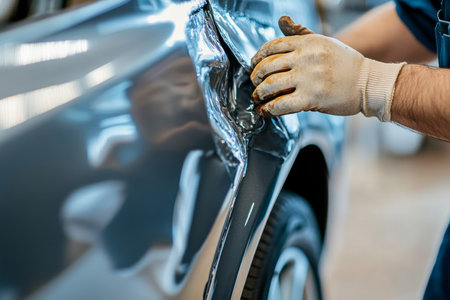 Auto mechanic repairs car accident damage fixing dents on silver gray vehicle in workshopの写真素材