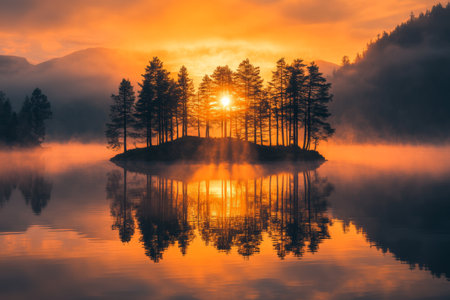 Enchanting sunrise over lake with orange and yellow reflections amidst misty tree islandsの写真素材