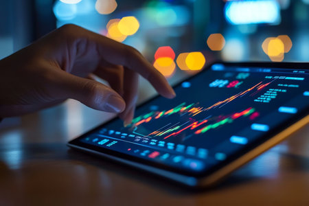 Close up of business professional analyzing financial chart on tablet at office deskの写真素材