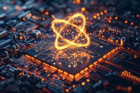 Illuminated atomic symbol on intricate circuit board showcasing quantum mechanics in computing