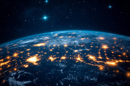 Illuminated global network concept 3d rendering of earth connectivity at night with blue themeの写真素材