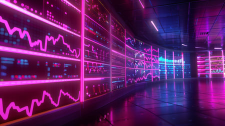 Cyberpunk inspired 3d render of neon trading charts on server wall with dark backgroundの写真素材