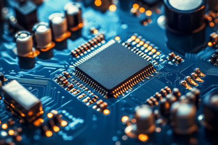 Detailed close up of a blue circuit board featuring a chip and electronic components in focusの写真素材