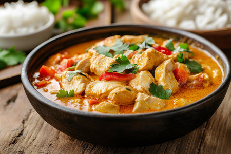 Vibrant thai dishes on wooden table close up of chicken red curry with rice and sidesの写真素材
