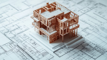 Architectural blueprints and house model building concepts with bricks and design drawings