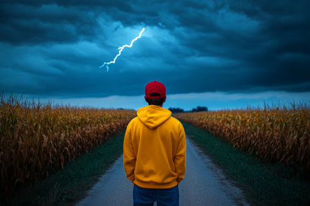 Young man in yellow hoodie and red cap on country road near cornfield amidst thunderstorm lightningの写真素材