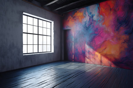 Vibrant abstract wall art in a spacious room with large window and dark wooden flooringの写真素材