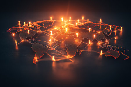 Abstract global network with glowing connections and user icons on a world map backgroundの写真素材