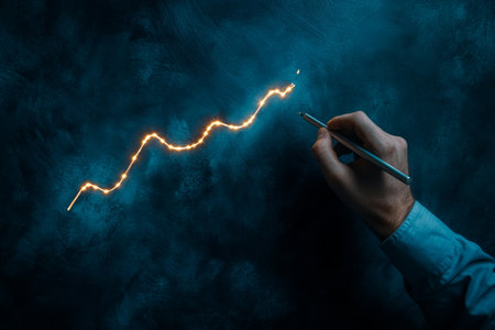 Businessman using tablet to illustrate financial growth graph on dark blue backgroundの写真素材