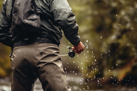 Fly fisherman in waders casting into rainy river surrounded by lush forest environment
