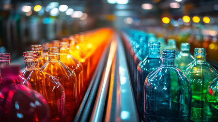Vibrant glass and plastic bottles on a factory conveyor belt a cinematic photographic perspectiveの写真素材