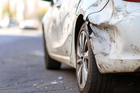 Close up of a damaged white car with dents and scratches after a pedestrian accidentの写真素材