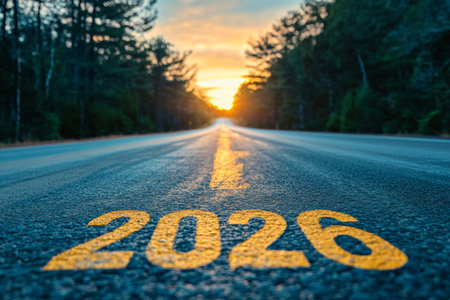 Vibrant sunrise over an empty road with 2026 written in yellow and a blurred forest landscapeの写真素材