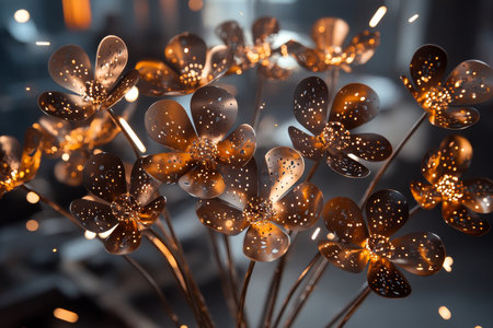 Cnc laser cut metal flowers in an industrial setting with sparks and cinematic lighting effectsの写真素材