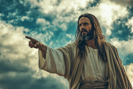 Full body portrait of an angry middle aged Jesus in a beige robe against a cloudy skyの写真素材