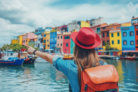 Young woman pointing at colorful waterfront buildings with boats in scenic lagoon viewの写真素材
