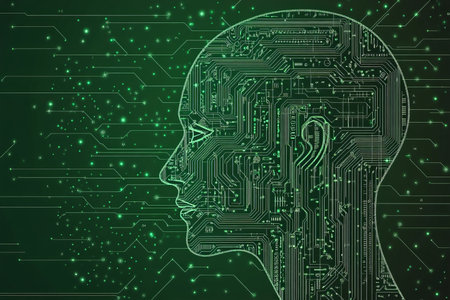 Intricate circuit board ai head illustration on green background for tech themed projectsの写真素材