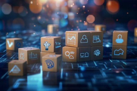 Wooden blocks forming an upward graph with growth icons on dark blue and white backgroundの写真素材