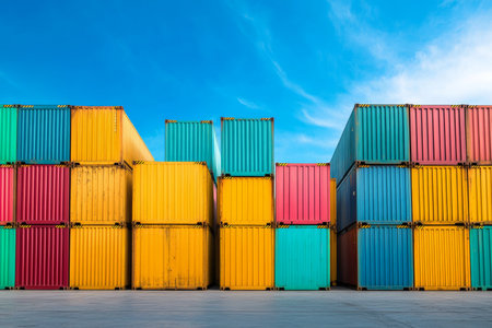 Vibrant stacked cargo containers at a shipping dock under a clear blue skyの写真素材