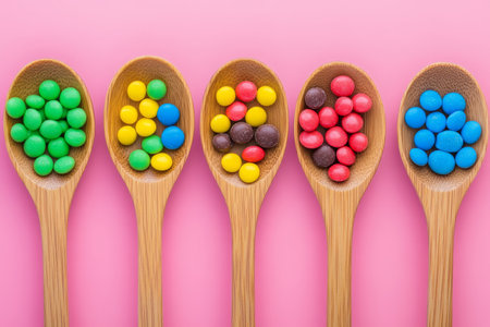 Vibrant candies in wooden spoons on pink background for sweet treats and birthday celebrationsの写真素材