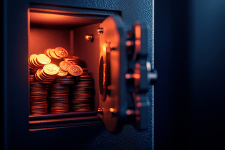 Modern bank safe with coins on dark background concept for business and money protection bannerの写真素材