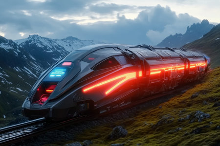 Futuristic train with led display traveling through mountains in daylight, cinematic photorealism