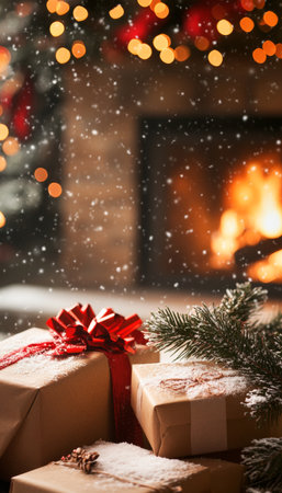 Charming christmas scene with snowy gift boxes and blurred fireplace for holiday cards and designsの写真素材