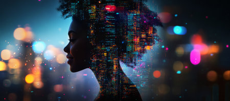 Double exposure portrait of a woman with colorful cityscape and glowing data points in profileの写真素材