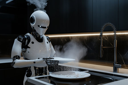 Humanoid robot efficiently washing dishes in a modern kitchen with steam and bubbles risingの写真素材
