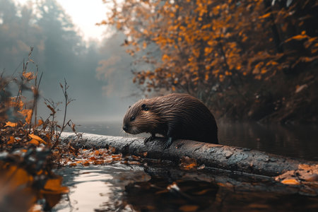 Beaver navigating a log on a forest river bank surrounded by vibrant autumn colorsの写真素材