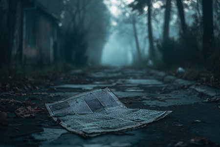 Mysterious abandoned street in dark foggy forest featuring torn newspaper with creepy atmosphereの写真素材