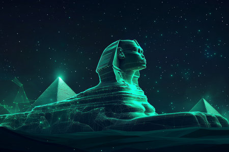 Low poly green wireframe illustration of the sphinx and pyramids against a starry night skyの写真素材